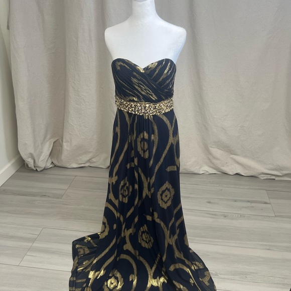 Betsy & Adam Navy Blue & Gold Metallic Strapless Glam Prom Evening Gown Sz 10 - Picture 2 of 8